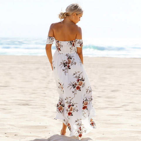 OFF SHOULDER BOHEMIAN HIGH WAIST SLIT DRESS